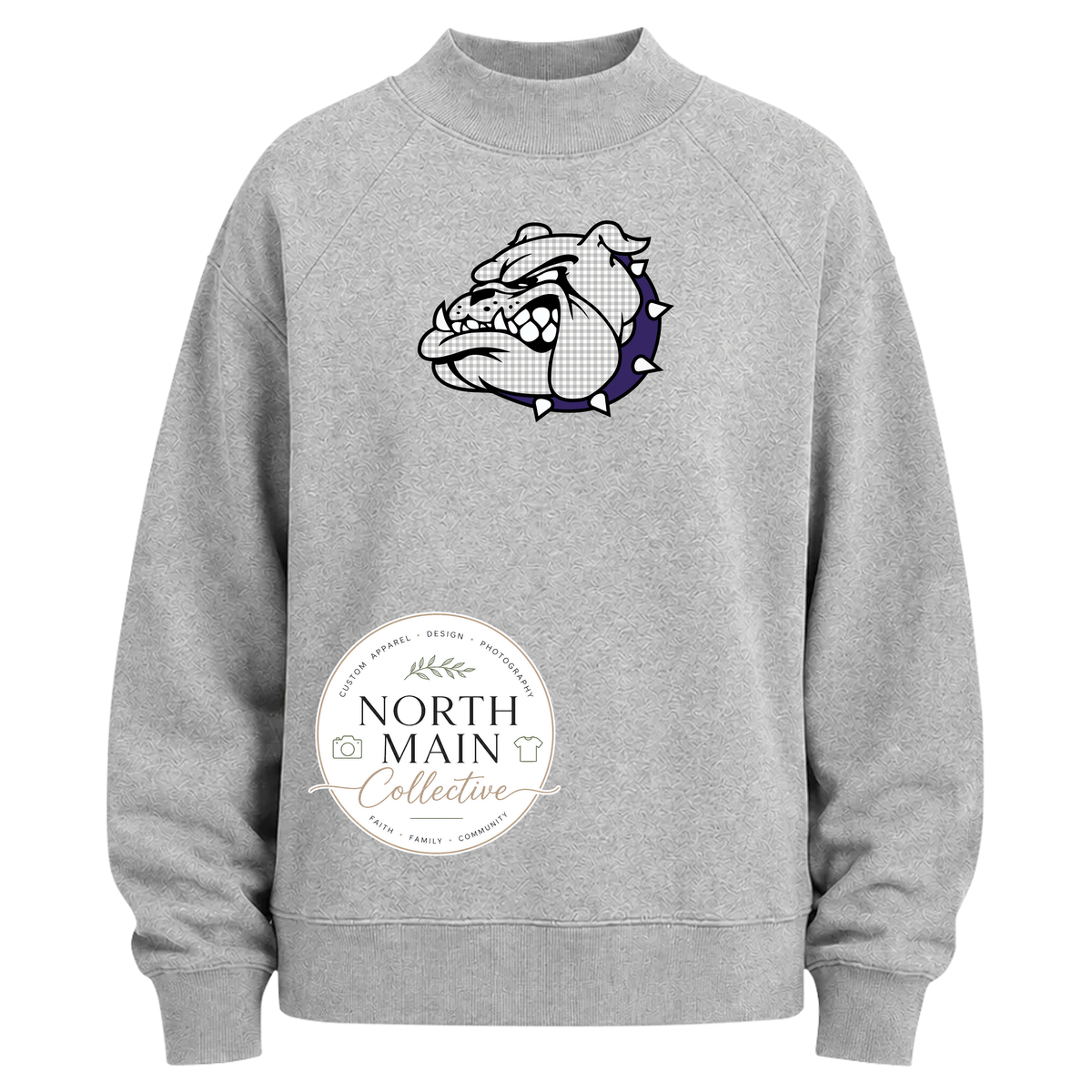 Gingham Mascot School Spirit Mock Neck Sweatshirt | Grey