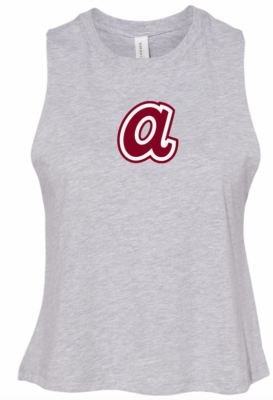Cardinal/White Lowercase A - Bella Canvas Crop Racerback Tank