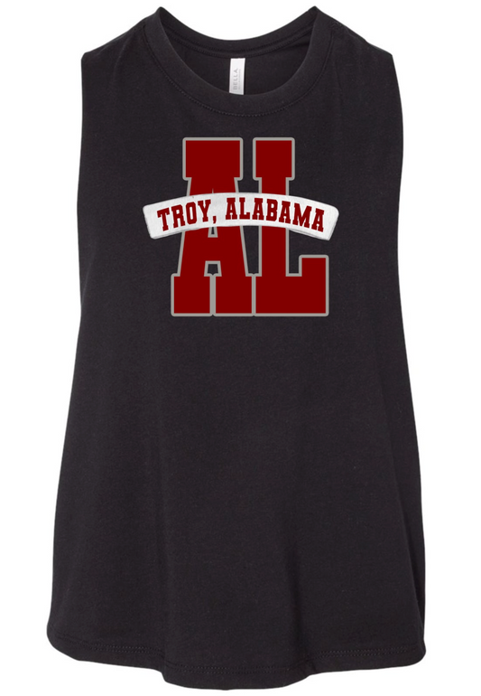 AL Troy Banner - Bella Canvas Crop Racerback Tank (black)