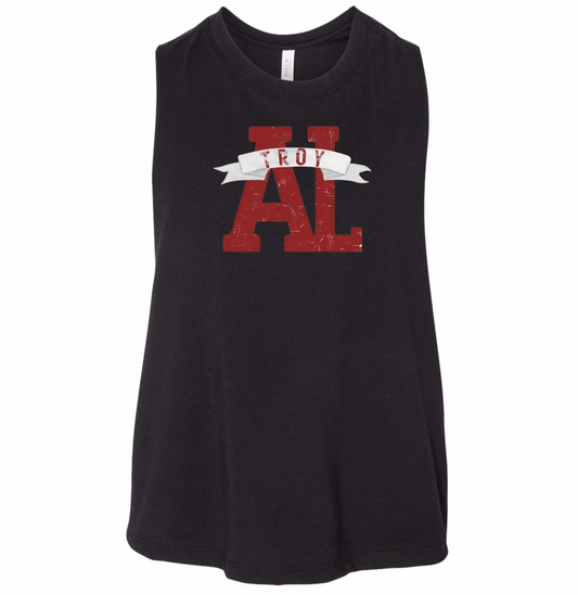 AL Troy Banner Distressed - Bella Canvas Crop Racerback Tank (black) or District DT137L Women's Perfect Tri ® Rocker Tank