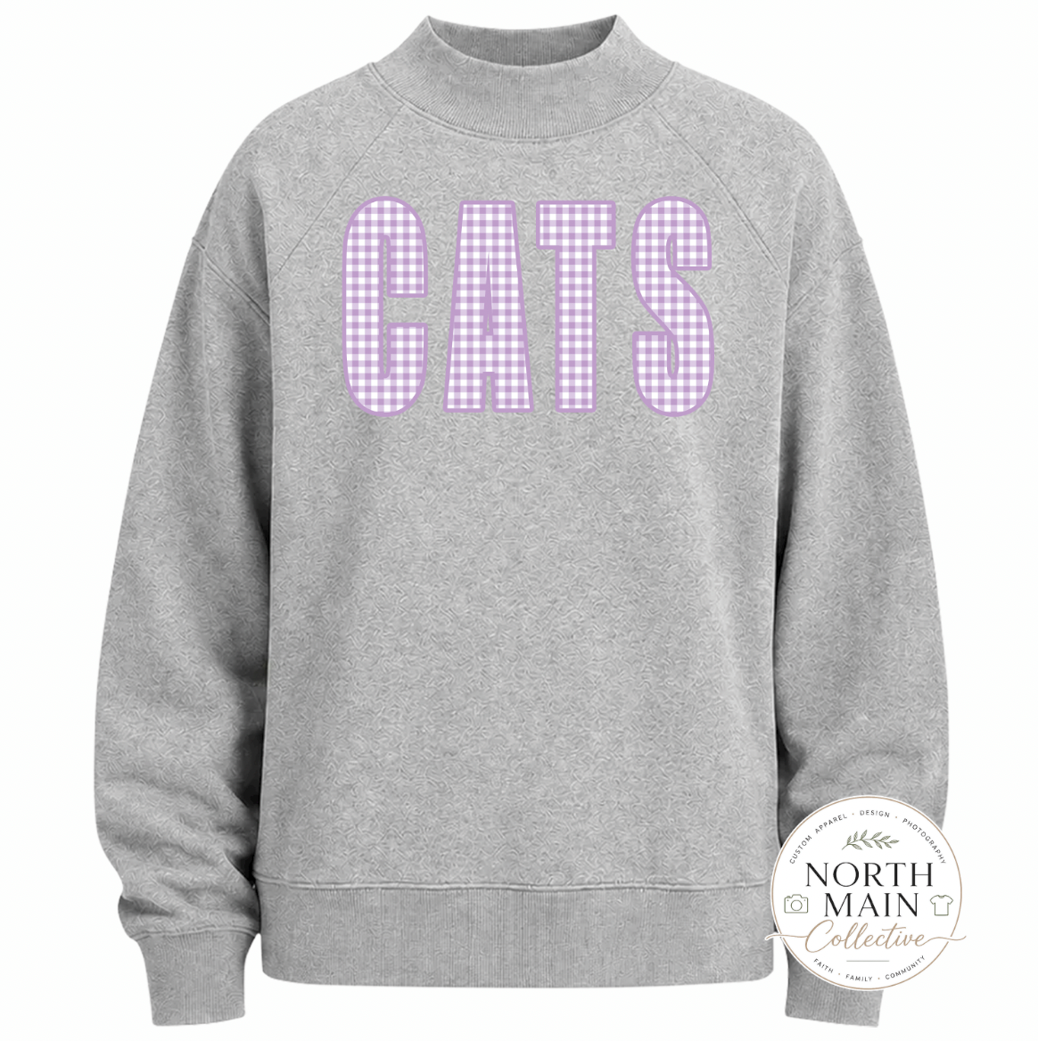 Gingham School Spirit Mock Neck Sweatshirt | Oxford Heather, Navy, Black
