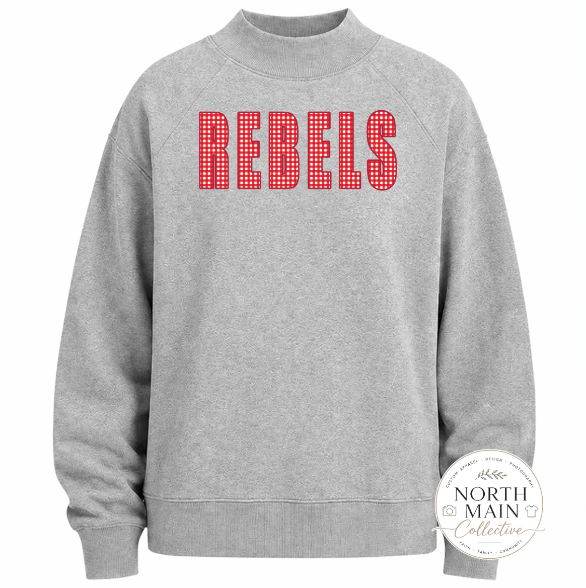 Gingham School Spirit Mock Neck Sweatshirt | Oxford Heather, Navy, Black