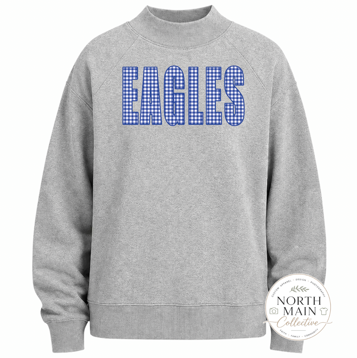 Gingham School Spirit Mock Neck Sweatshirt | Oxford Heather, Navy, Black