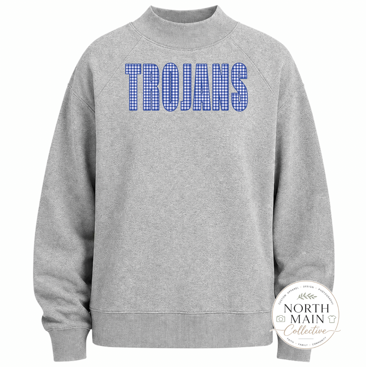 Gingham School Spirit Mock Neck Sweatshirt | Oxford Heather, Navy, Black