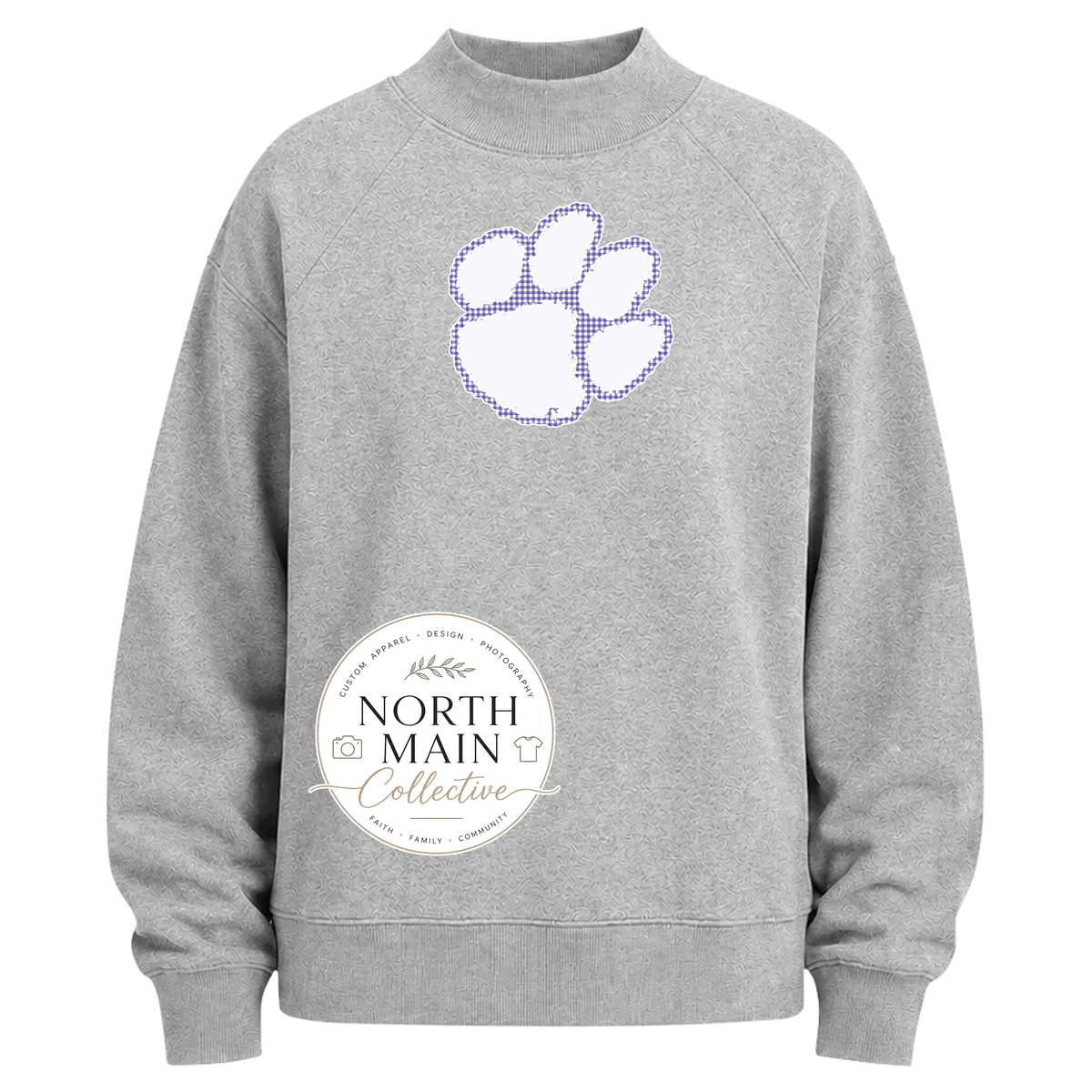 Gingham Mascot School Spirit Mock Neck Sweatshirt | Grey