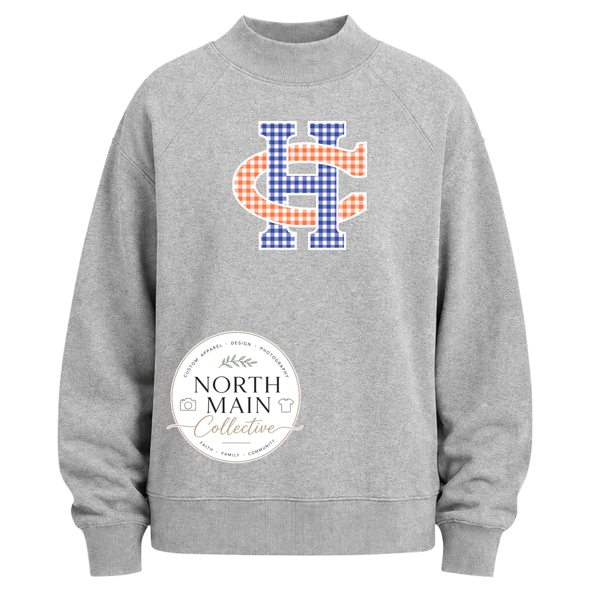 Gingham Mascot School Spirit Mock Neck Sweatshirt | Grey