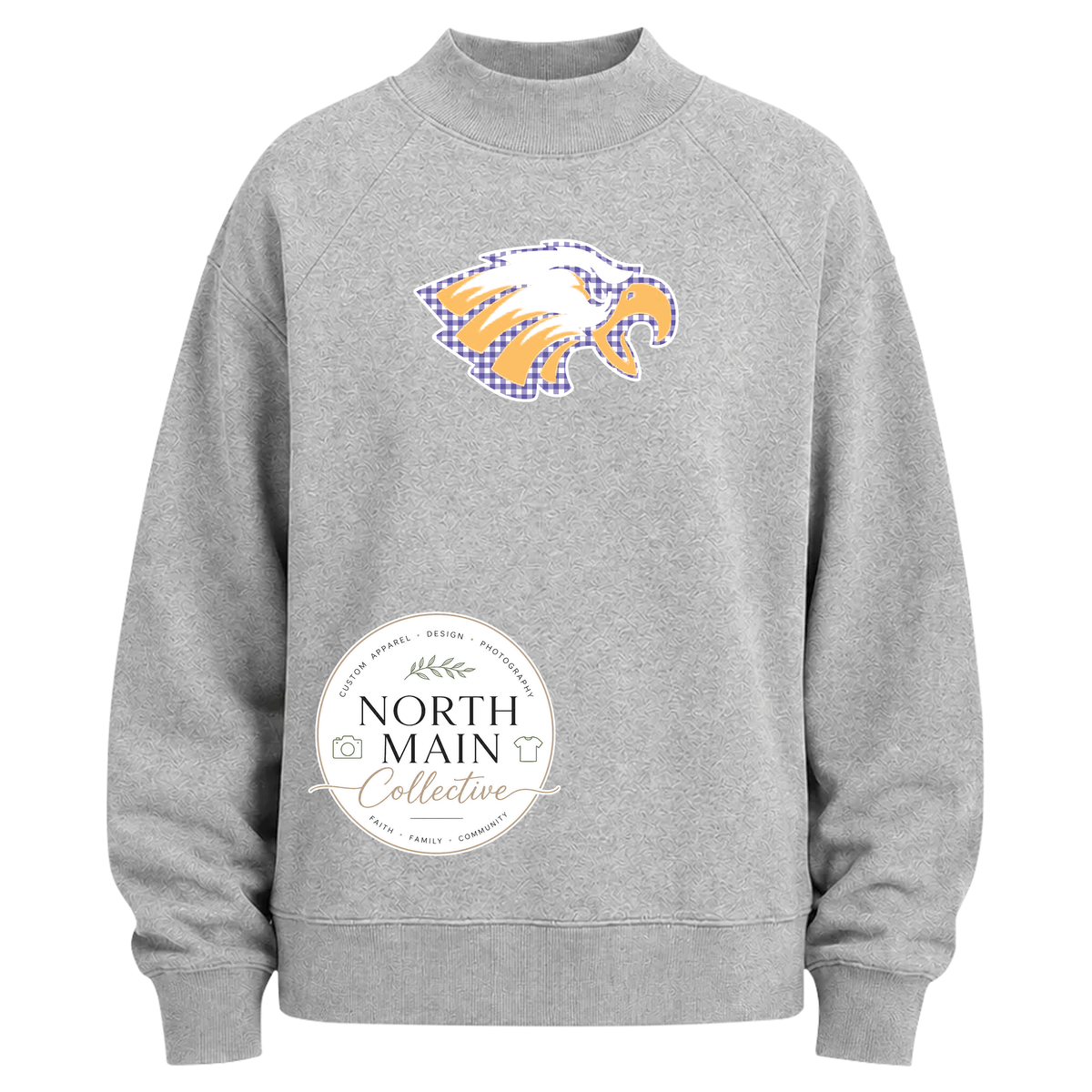 Gingham Mascot School Spirit Mock Neck Sweatshirt | Grey