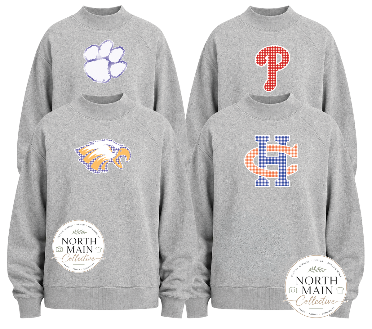 Gingham Mascot School Spirit Mock Neck Sweatshirt | Grey