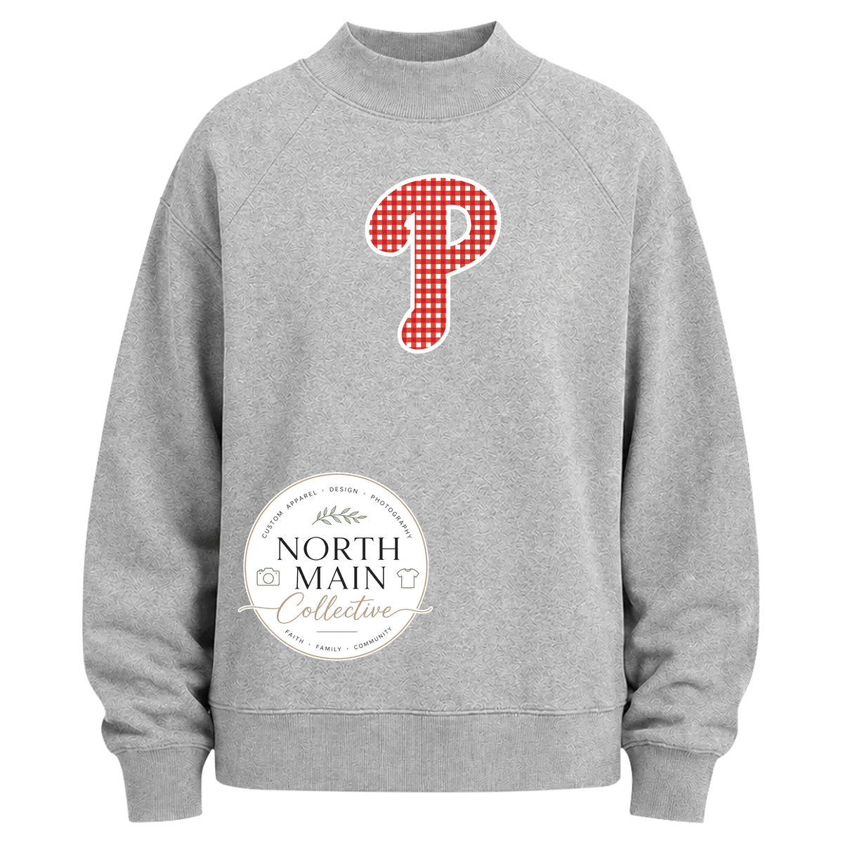 Gingham Mascot School Spirit Mock Neck Sweatshirt | Grey
