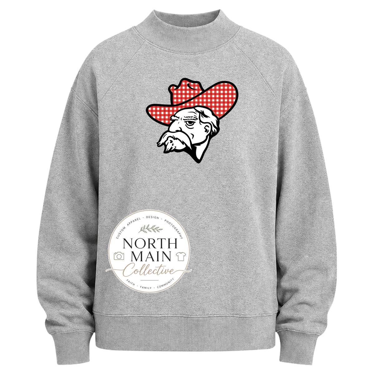 Gingham Mascot School Spirit Mock Neck Sweatshirt | Grey