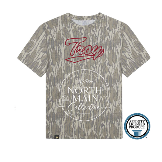 Officially Licensed Troy Univeristy Script on Mossy Oak Bottomland Washed Out Camo Tee